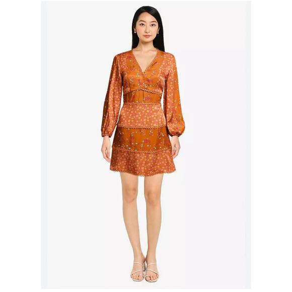 French Connection women 2 bronze boho Daisy Petals Tiered dress lightweight lace - Picture 1 of 7
